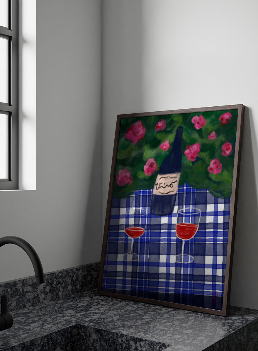 A painted still life scene featuring a dark wine bottle labeled &