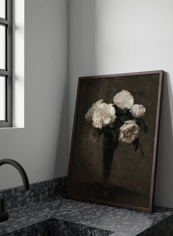 Shop Roses Flowers in a Vase by Henri Fantin-Latour, a vintage floral wall art print poster featuring pale roses in a dark vase against rich brown tones.
