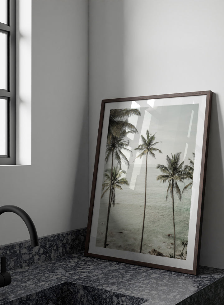 A framed photographic print of tropical coconut palm trees along a calm sea coastline. Tropical Dreams by Shot by Clint coastal photography print featuring tall palm trees, soft ocean waves, and muted tropical tones.
