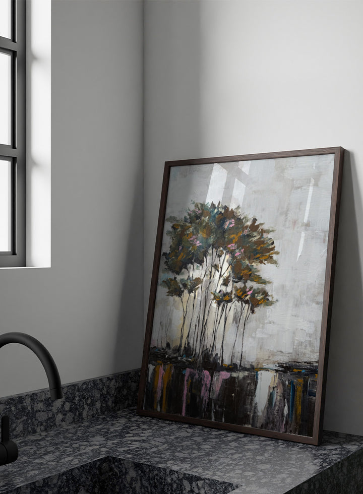 Shop Tranquil Tree Reflections by Helena Ryhle, a modern landscape wall art print poster featuring tall trees, mirrored water, and expressive reflections.