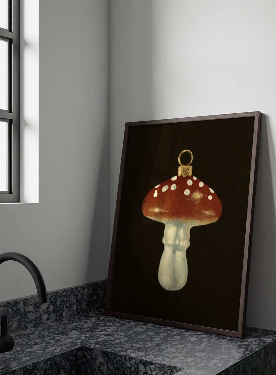 Shop Festive Mushroom Ornament by NKTN, a Christmas wall art print poster featuring a red-and-white mushroom ornament with vintage woodland holiday charm.