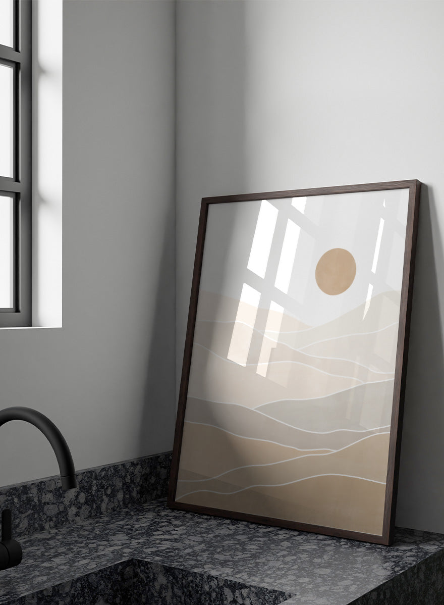 Shop Layered Desert Sun by Elena Ristova, a modern desert wall art print poster featuring soft layered dunes, pale neutral tones, and a muted sun.