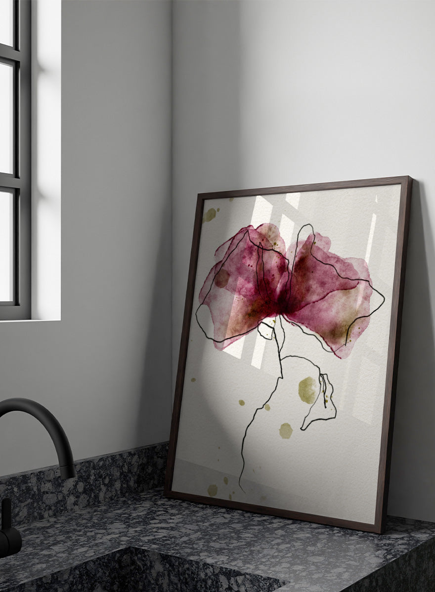 Abstract watercolor floral art print featuring a large flower with translucent mauve, burgundy, and olive-green washes outlined in black on textured off-white paper. Shop Ethereal Floral Outline by Ankie Kooi, a modern floral wall art print poster with abstract flower line art, watercolor botanicals, deep berry, and olive green.