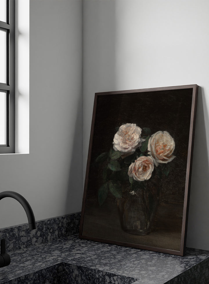 Shop Still Life with Roses by Henri Fantin-Latour, a vintage floral wall art print poster featuring pale roses against a rich brown background.