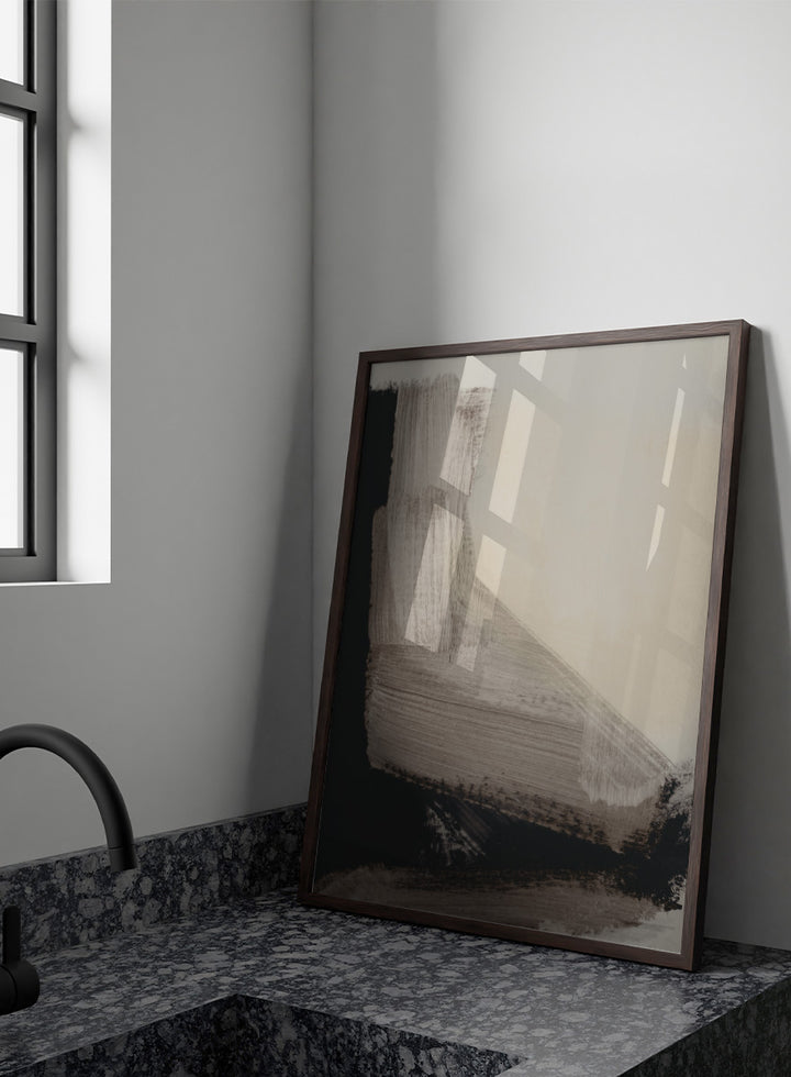 Shop Mellow No. 02 by Dan Hobday, a contemporary abstract art print featuring taupe, cream, and black forms with bold layered brush texture.