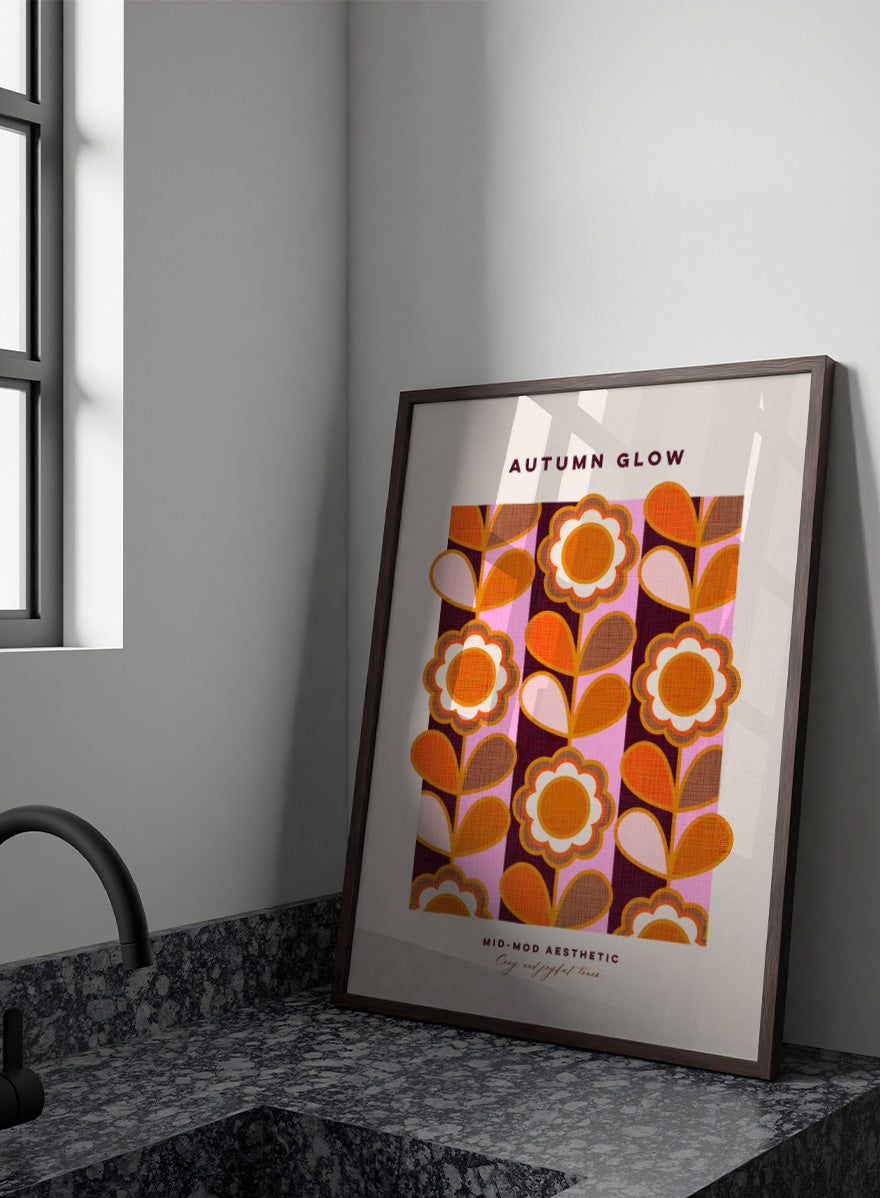Shop Mid-Mod Autumn Glow by Dominique Vari, a retro floral wall art print poster featuring bold flowers, striped patterns, and warm orange, pink, brown, and burgundy tones.