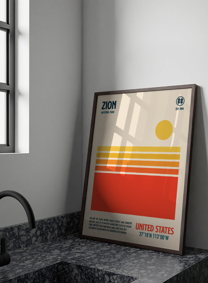 A minimalist Zion National Park poster with a cream background, dark blue text, a yellow sun, and horizontal stripes in cream, orange, and red. The bottom right reads &