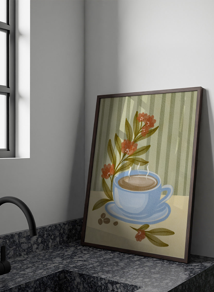 Shop Steaming Coffee Bloom by Nikita Jariwala, a kitchen wall art print poster featuring a blue coffee cup, floral still life, coffee beans, and blue tones.
