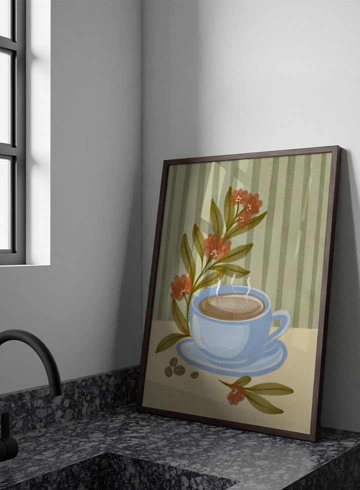 Shop Steaming Coffee Bloom by Nikita Jariwala, a kitchen wall art print poster featuring a blue coffee cup, floral still life, coffee beans, and blue tones.