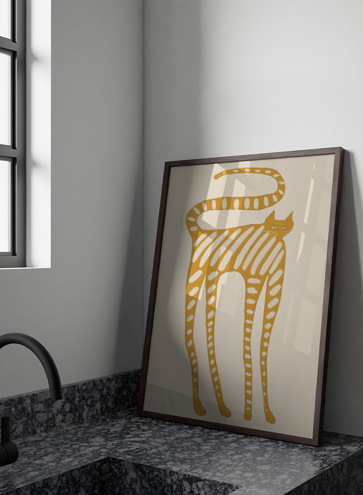 A stylized art print of a cat in a minimalist design, featuring a mustard yellow cat with white stripes and spots on a light beige background. Whimsical Striped Cat by The Art Concept cat art print featuring a mustard-yellow cat with cream stripes, long legs, and an oversized looping tail.