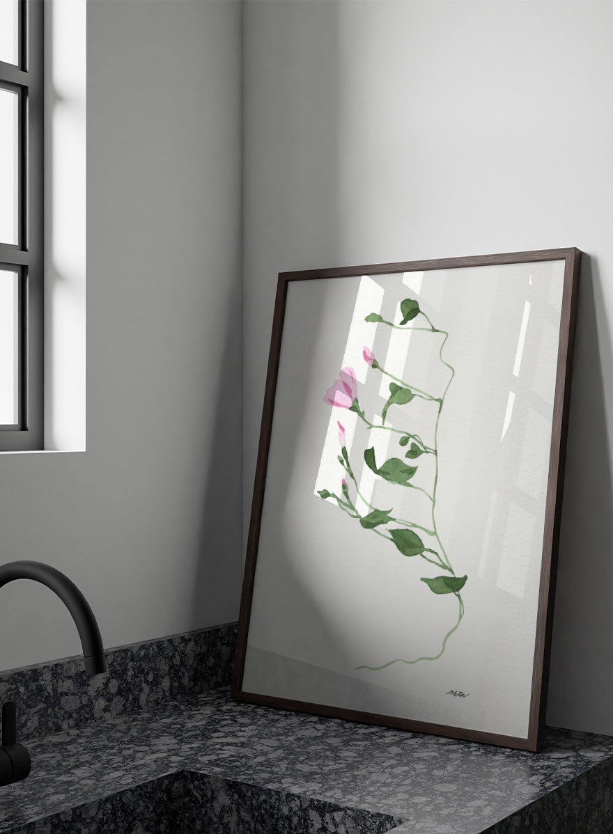 Shop Graceful Pink Stem by NKTN, a botanical wall art print poster featuring a delicate climbing vine, soft pink flowers, and minimalist watercolor style.
