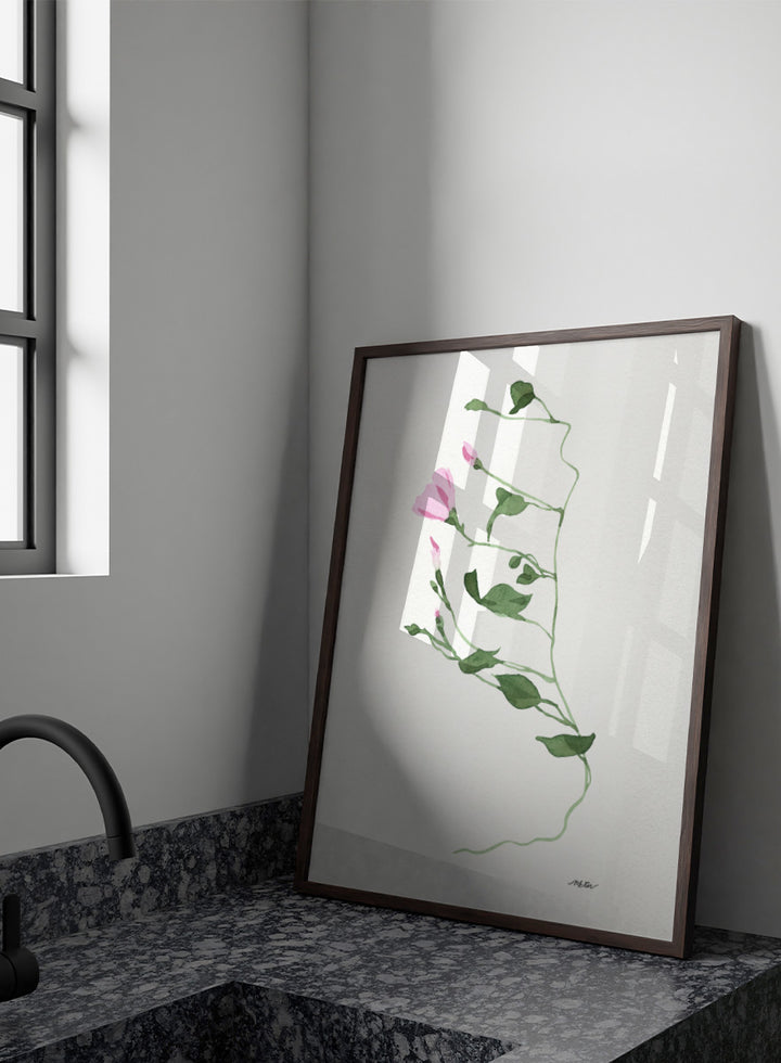 Shop Graceful Pink Stem by NKTN, a botanical wall art print poster featuring a delicate climbing vine, soft pink flowers, and minimalist watercolor style.