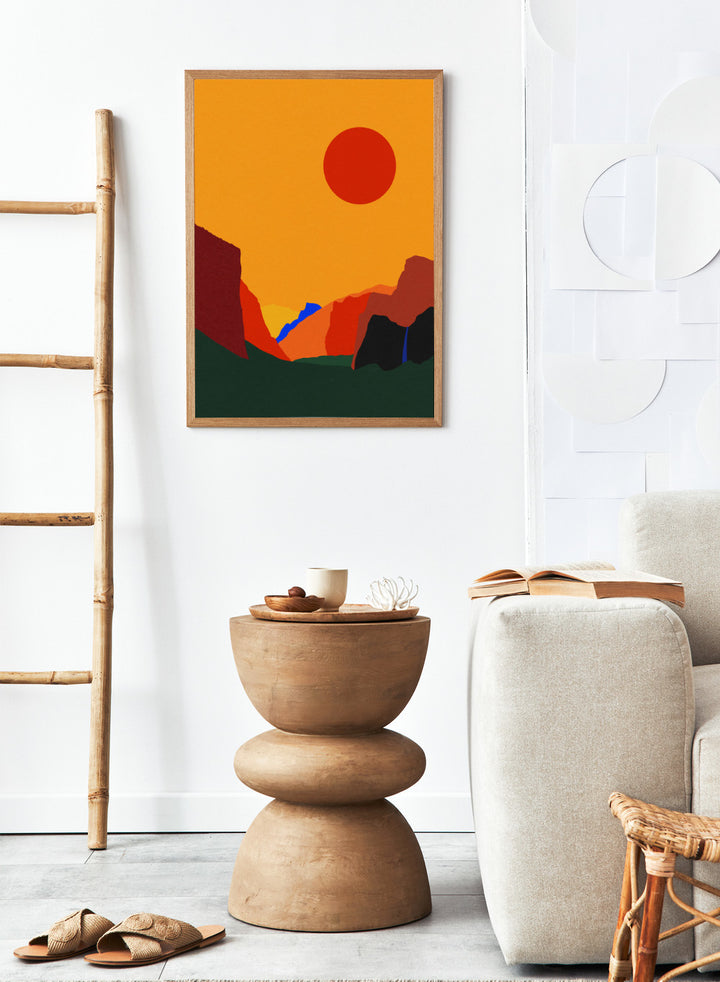 Simplified landscape with red sun, green ground, and brown cliffs. Yosemite Valley by Rosi Feist is a modern minimalist landscape fine art print featuring bold cliffs and a graphic sun. Officially licensed wall poster with optional artisan framing.