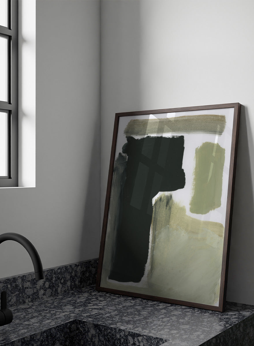 Shop Total by Dan Hobday, a contemporary abstract art print featuring charcoal black, olive green, sage, and beige with bold textured forms.