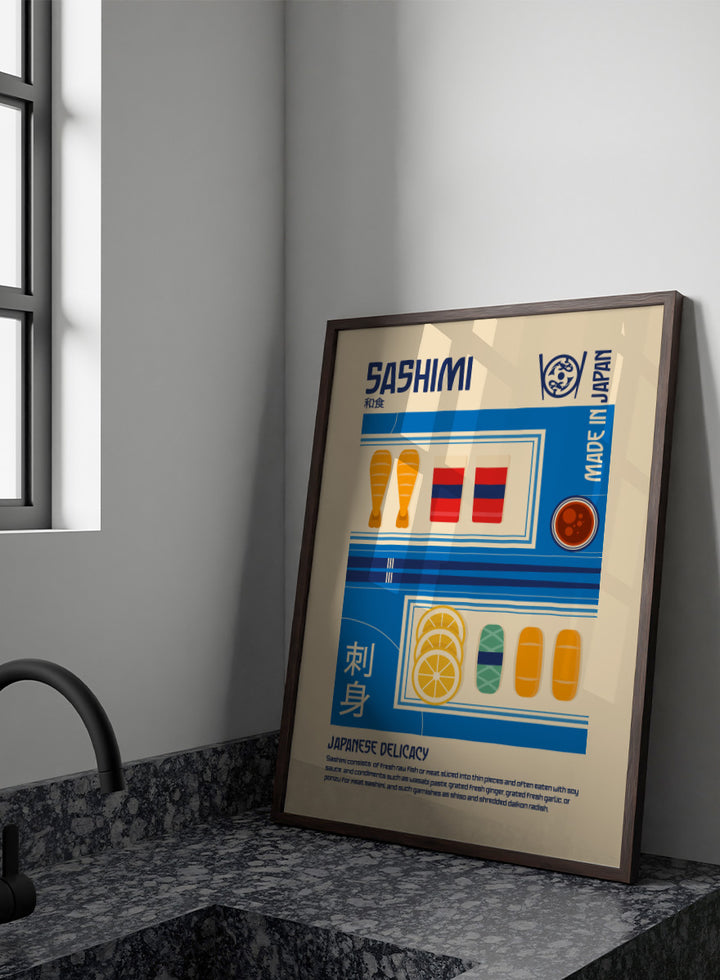 A stylized travel poster of Japanese Sashimi, featuring flat vector illustrations of raw fish, washi tape, soy sauce, and lemon slices on a beige background with blue and white graphic panels. Japanese Sashimi Delicacy by Retrodrome kitchen art print featuring sashimi, soy sauce, citrus, bold retro typography, and vintage Japanese-inspired design.