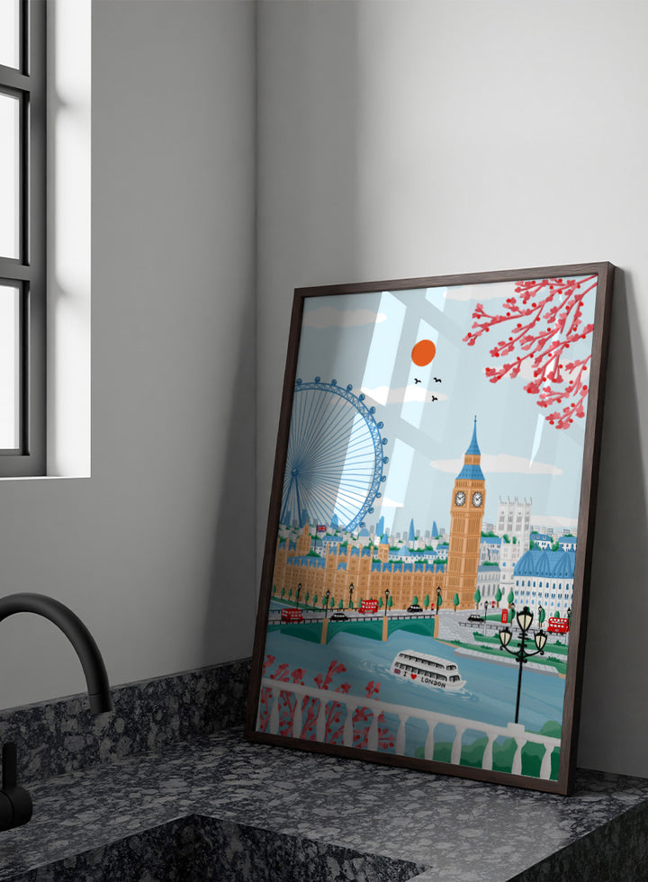 A colorful illustrated cityscape of London featuring Big Ben, the London Eye, red double-decker buses, a river boat, clouds, birds, and pink blossoms against a light blue sky. Shop Spring London Landmarks by Nidhi Kachhadiya, a colorful London wall art print featuring Big Ben, the London Eye, cherry blossoms, and bright spring city views.