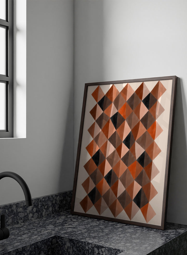 Shop Warm Earthy Geometry by Elena Ristova, a modern abstract wall art print poster featuring layered diamond patterns in rust, brown, cream, pink, and black.