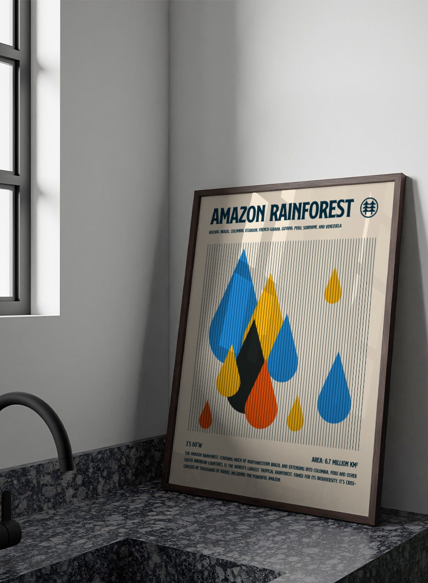 A vintage-style travel poster for the Amazon Rainforest, featuring a cream background with a black border. The top displays the title &