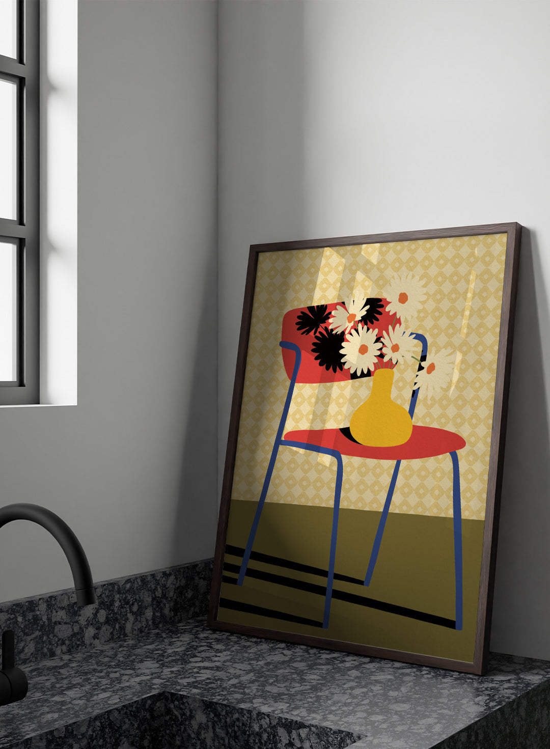 A stylized art print depicting a blue chair with a red seat and backrest, holding a yellow vase filled with white daisies, set against a patterned beige wallpaper and olive green floor. Colorful Chair Still Life by Lisa Solomoniuk premium framed fine art print featuring a red chair, yellow vase, white flowers, and bold graphic color.