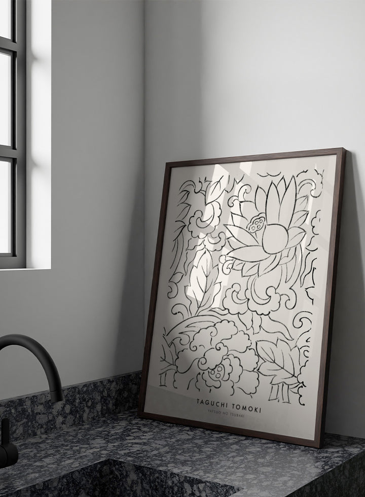 Floral Yatsuo no Tsubaki by Taguchi Tomoki is a vintage Japanese woodblock art print featuring stylized flowers, curling leaves, and elegant black linework.