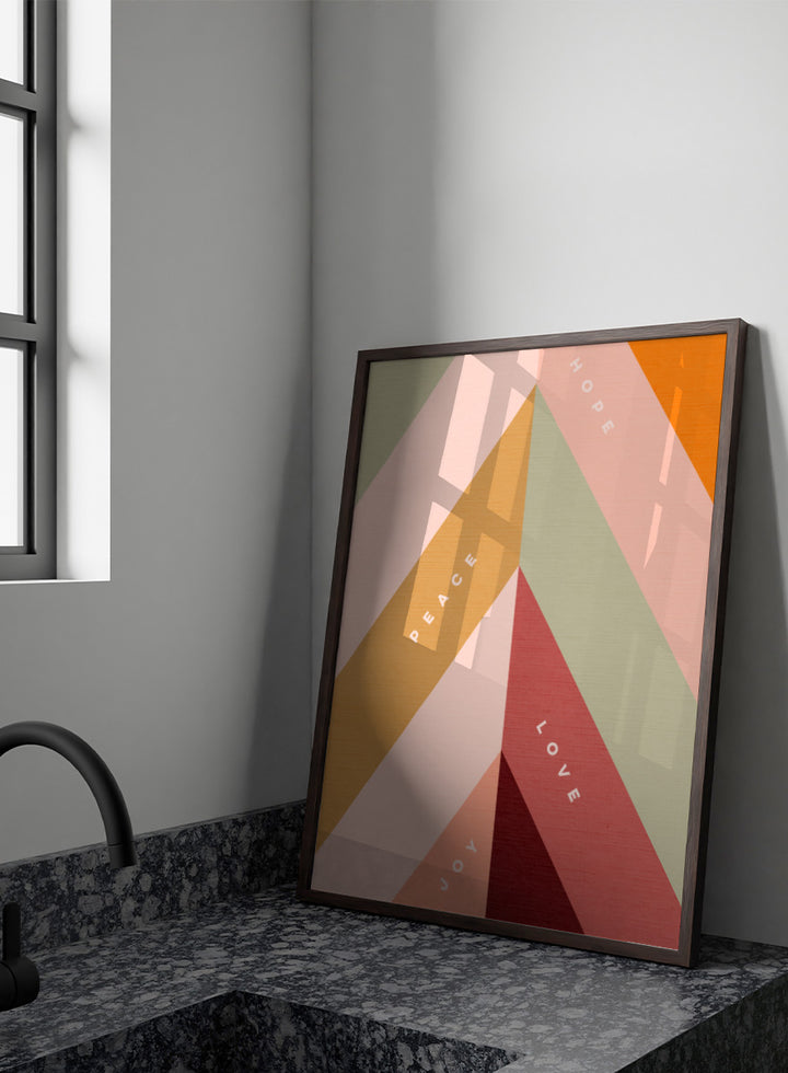 Shop Hope Peace Love Joy by Dominique Vari, a retro holiday wall art print poster featuring geometric shapes, uplifting words, and warm pink, green, red, and ochre tones.