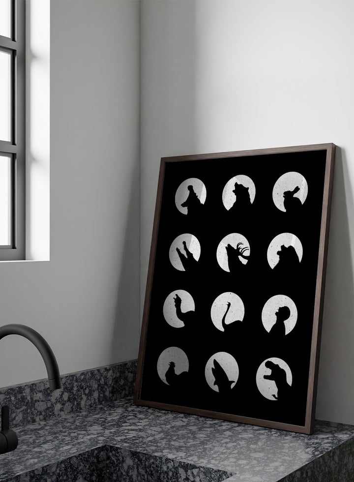 White silhouette of a dog howling at the moon pattern on a black background. Moonlit Wild Silhouettes by Florent Bodart is a minimalist animal silhouette art print with moon phases, a modern black wall poster with bold graphic design.