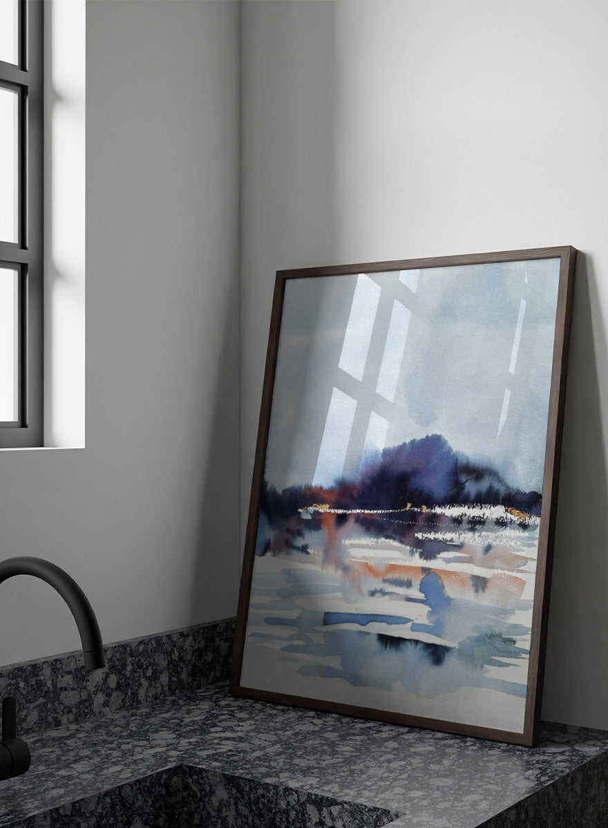 Shop Misty Mountain Lake by Helena Ryhle, a watercolor landscape wall art print poster featuring a misty lake, distant mountains, and atmospheric blue scenery.