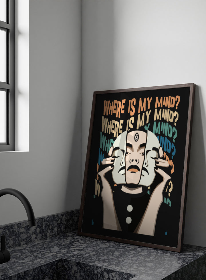 A stylized graphic art print featuring a person in a black outfit holding a white mask in front of their face, with the text &
