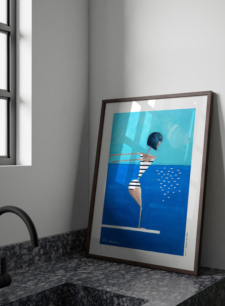 Summer Pool Diver by Awol Art Alex is a playful modern art print featuring a striped swimmer, bright blue water, and retro summer style.