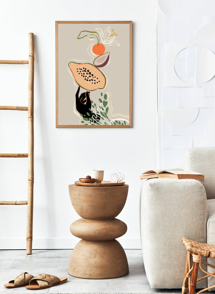 Illustration of a sloth holding a papaya with a beige background. Balancing Fruits by Arty Guava is a modern fruit still life art print with papaya and fig. Officially licensed wall poster for kitchen decor.