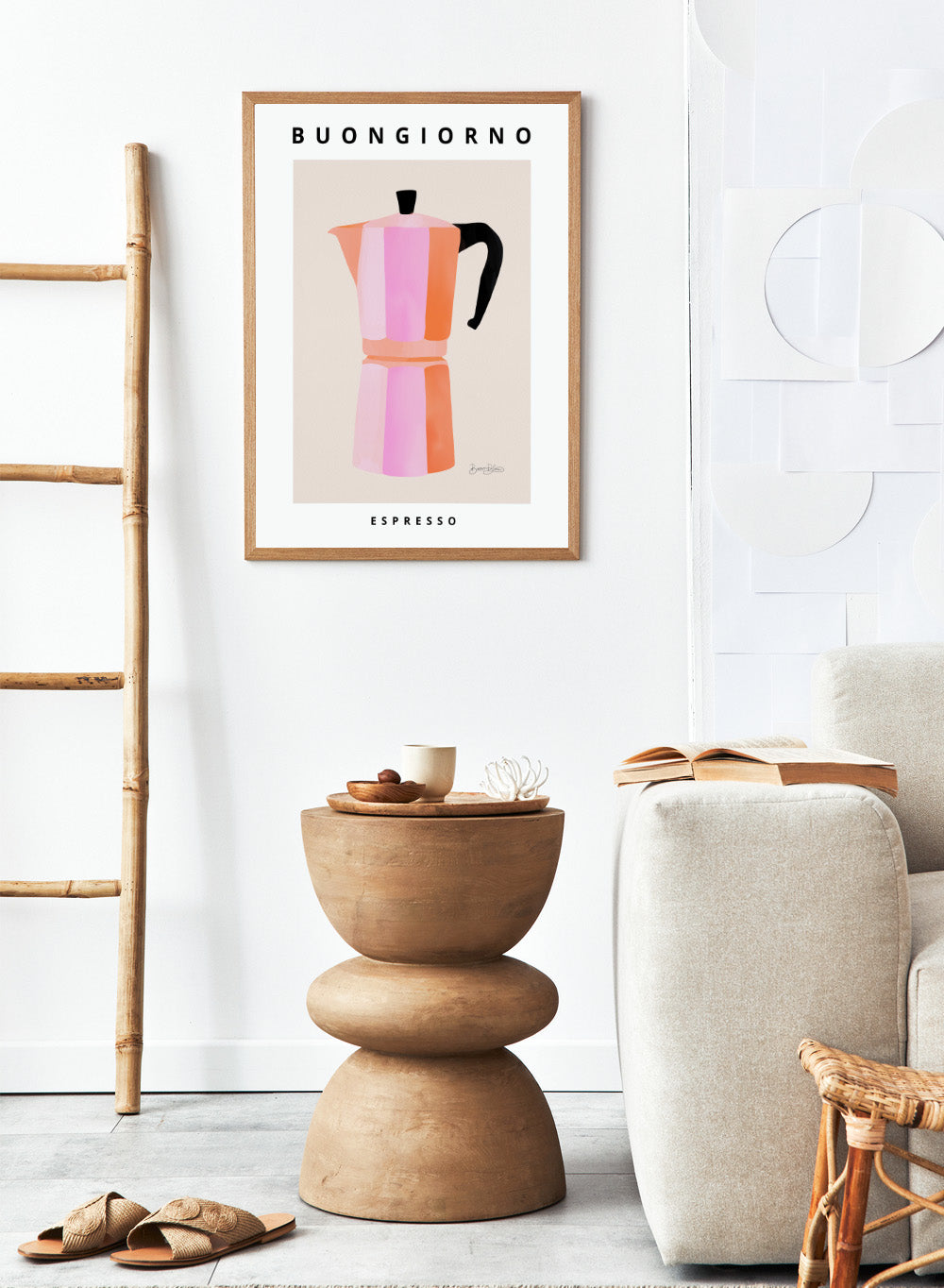 Colorful pink striped coffee maker with 'Buongiorno Espresso' text on a beige background. Buongiorno Espresso by Baroo Bloom is a modern coffee art print featuring a colorful moka pot illustration. Officially licensed wall poster with optional framing.