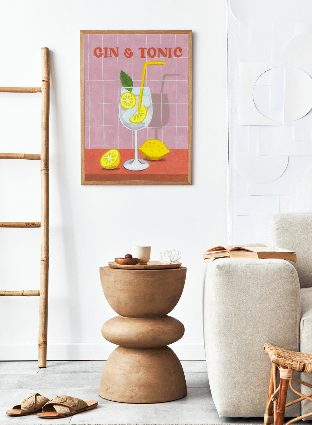 Illustration of a gin and tonic with lemon slices and a straw on a tiled background. Refreshing Gin Tonic by Caroline Bonne Müller is a fine art print and wall poster of a gin and tonic with lemon slices, mint leaf, ice, and pink tile background.