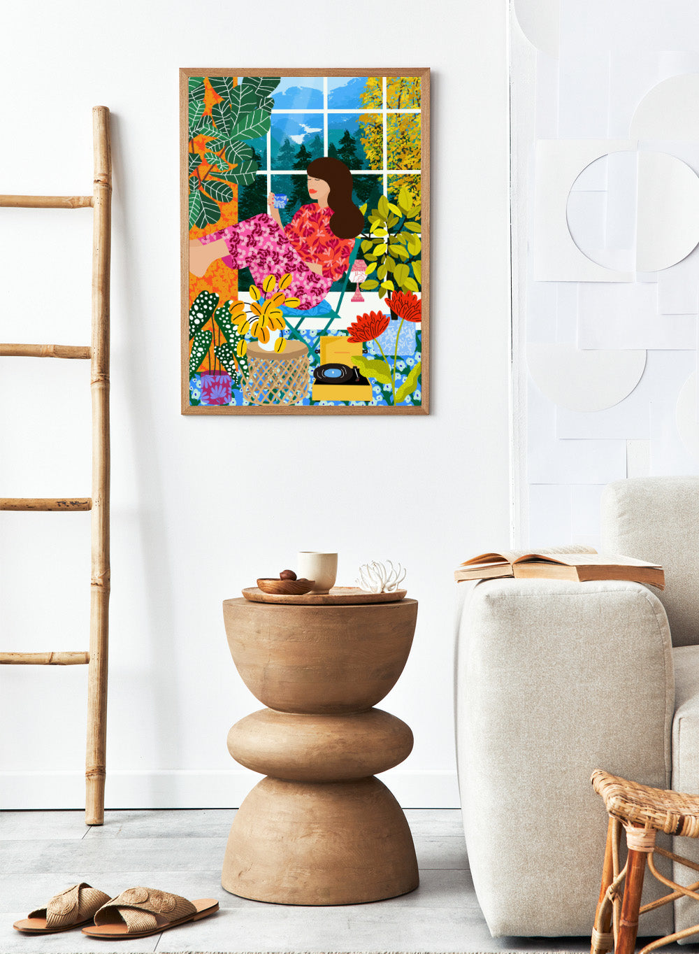 Illustration of a woman sitting by a window with a cup, surrounded by plants and flowers. Listening To the Sound of Nature by Rafaela Mascaro fine art print featuring woman by window, botanical interior, colorful plants, modern contemporary wall art poster.