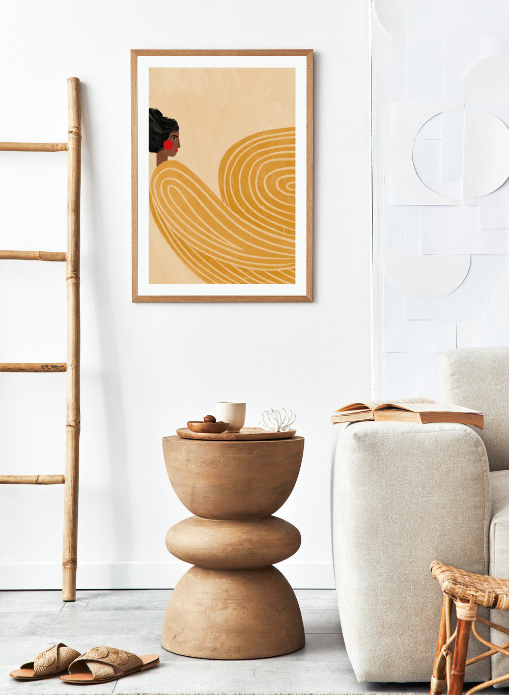 The Woman With the Yellow Stripes by Bea Müller is an officially licensed art print featuring flowing yellow lines and a warm modern portrait. Framed or unframed options available.