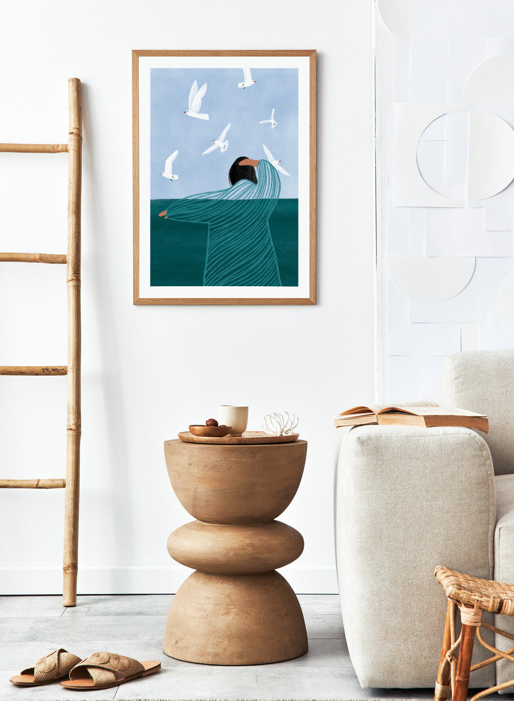 Seaside Serenity by Bea Müller is an officially licensed art print featuring a calm seaside figure and flying birds. Available as fine art print or framed with real wood frames.