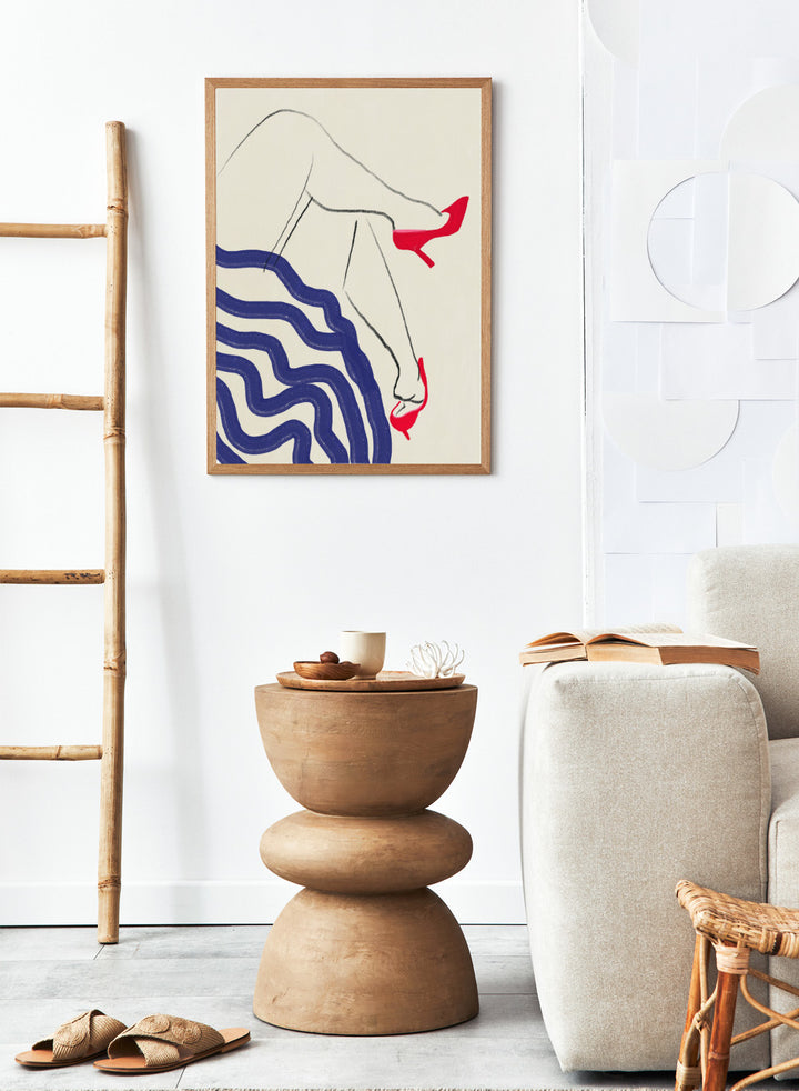 Crimson Heels Dance art print by Little Dean. Contemporary abstract figure wall art featuring bold red heels, fluid movement, minimalist illustration, and modern poster design.
