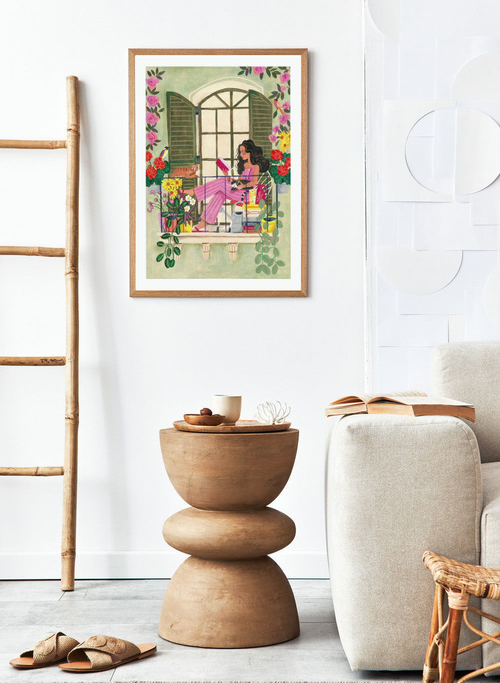 Illustration of a woman reading a book on a balcony with flowers and plants. Balcony Reading With Cats by Caroline Bonne Müller is a fine art print and wall poster of a woman reading on a balcony with cats and flowers in a modern style.