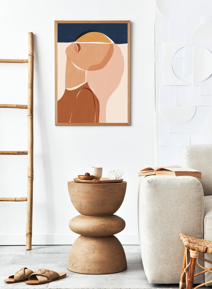 Half Face Half Sun by Ivy Green is a modern figurative art print featuring a minimal female portrait and sun motif. Premium fine art print with optional wood framing.