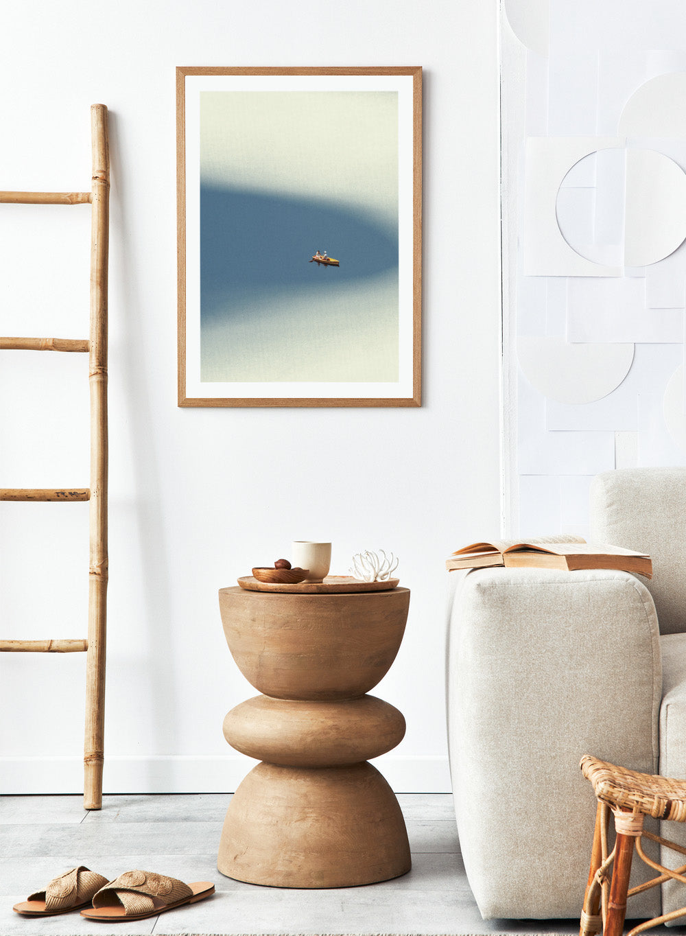 Happy Memories by Maarten Léon is an officially licensed art print featuring a minimalist boat scene with soft blue tones and open water. Available as a premium fine art print with optional real wood framing.