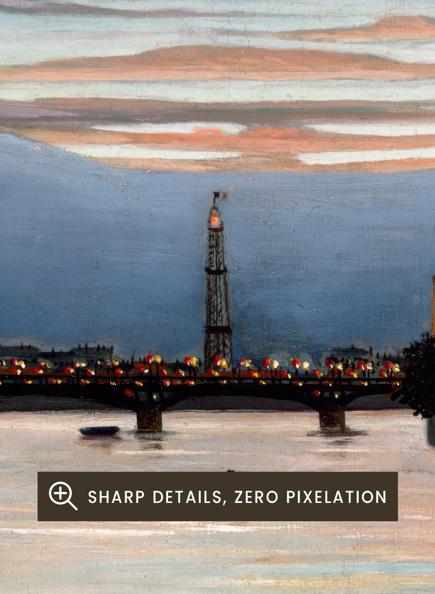 The Eiffel Tower by Henri Rousseau is a vintage Paris landscape art print featuring the Seine, Eiffel Tower, riverboats, city trees, and a blue sunset sky.