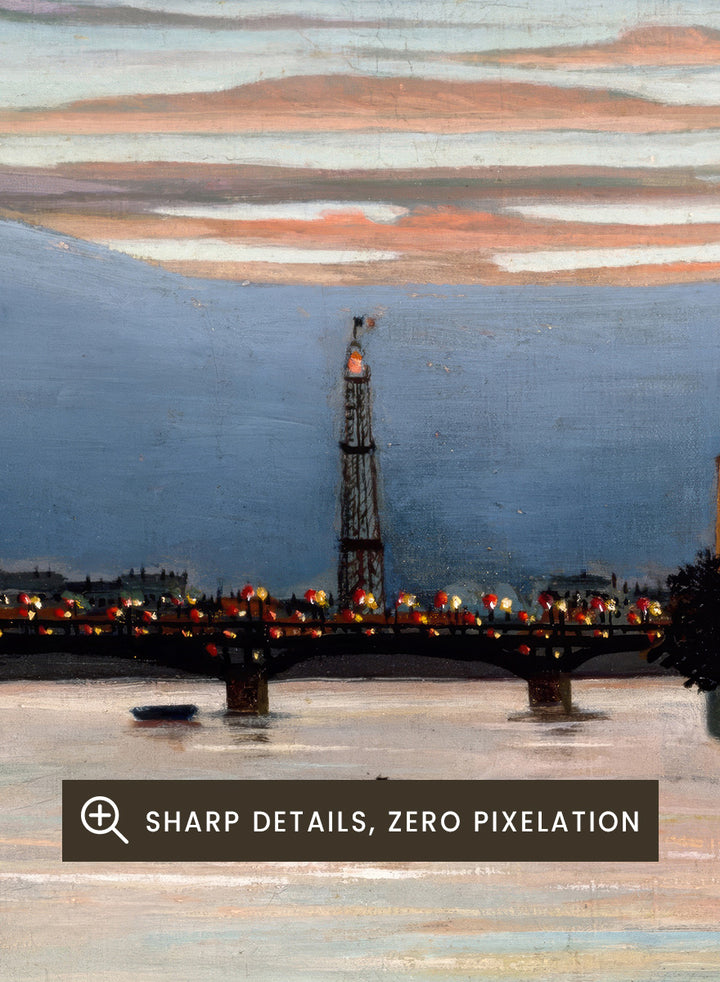 The Eiffel Tower by Henri Rousseau is a vintage Paris landscape art print featuring the Seine, Eiffel Tower, riverboats, city trees, and a blue sunset sky.