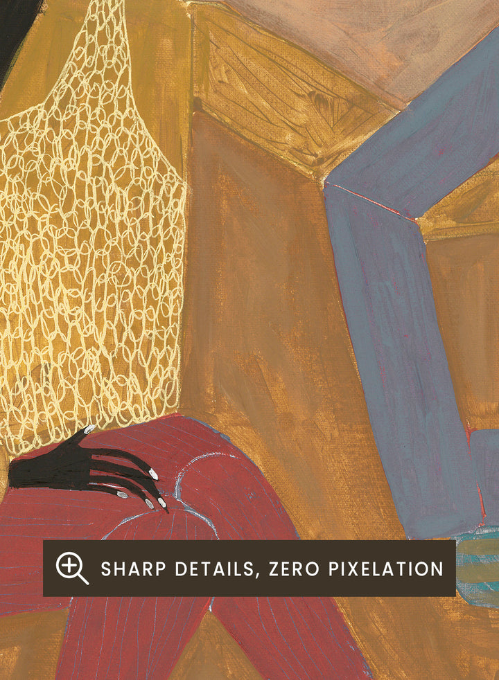 Framed artwork of two people sitting on a bench with a plain background. Still, Together by Studio IMO (Ibi Meier-Oruitemeka) is a modern figurative art print with two seated figures in a contemporary wall poster design.