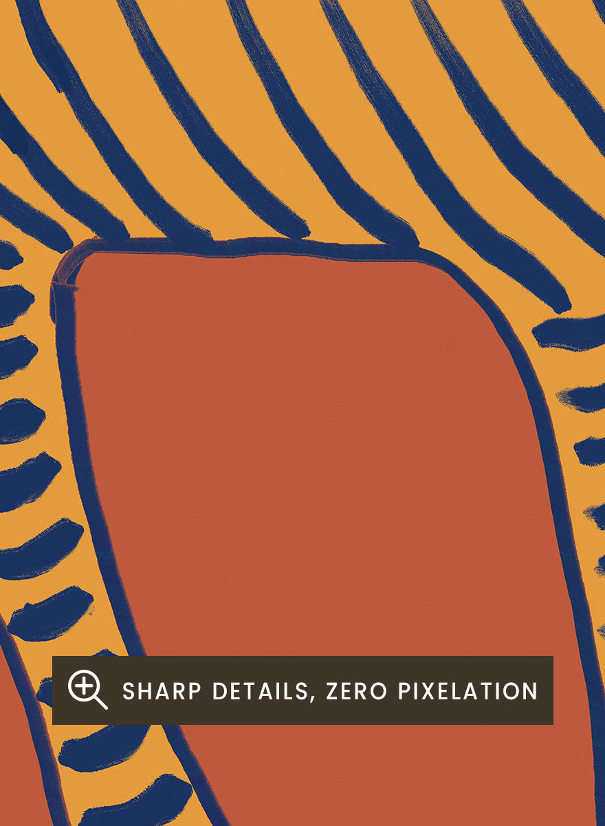 Bold Tiger Stride by The Art Concept animal art print featuring an ochre tiger with deep blue stripes on a warm rust background.