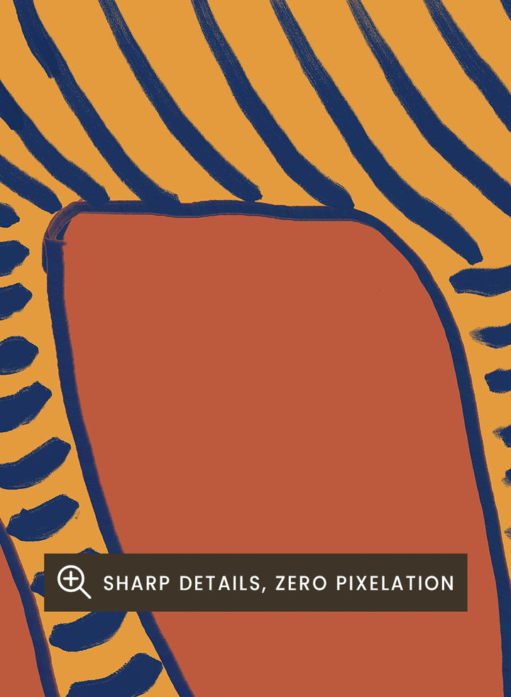 Bold Tiger Stride by The Art Concept animal art print featuring an ochre tiger with deep blue stripes on a warm rust background.