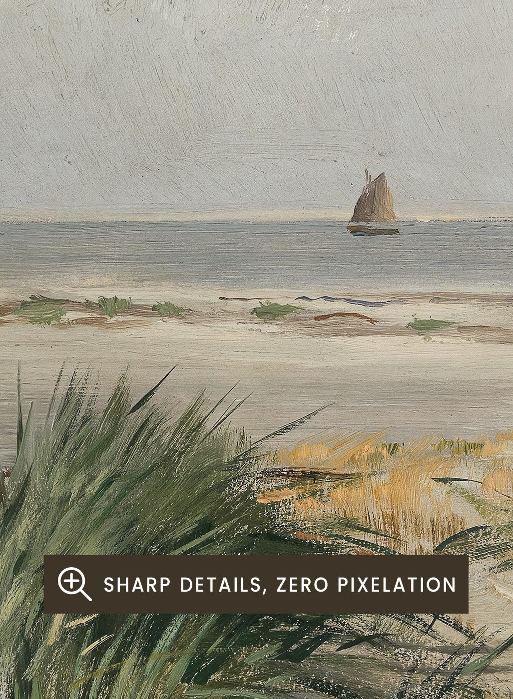Featuring the original Eugen Dücker's Artwork "On the Beach", this pastel beige and green European vintage coastal tropical ocean beach landscape oil painting wall art print showcases a classic rustic moody antique style that is perfect for any boho or modern farmhouse inspired space with muted or neutral colors. 