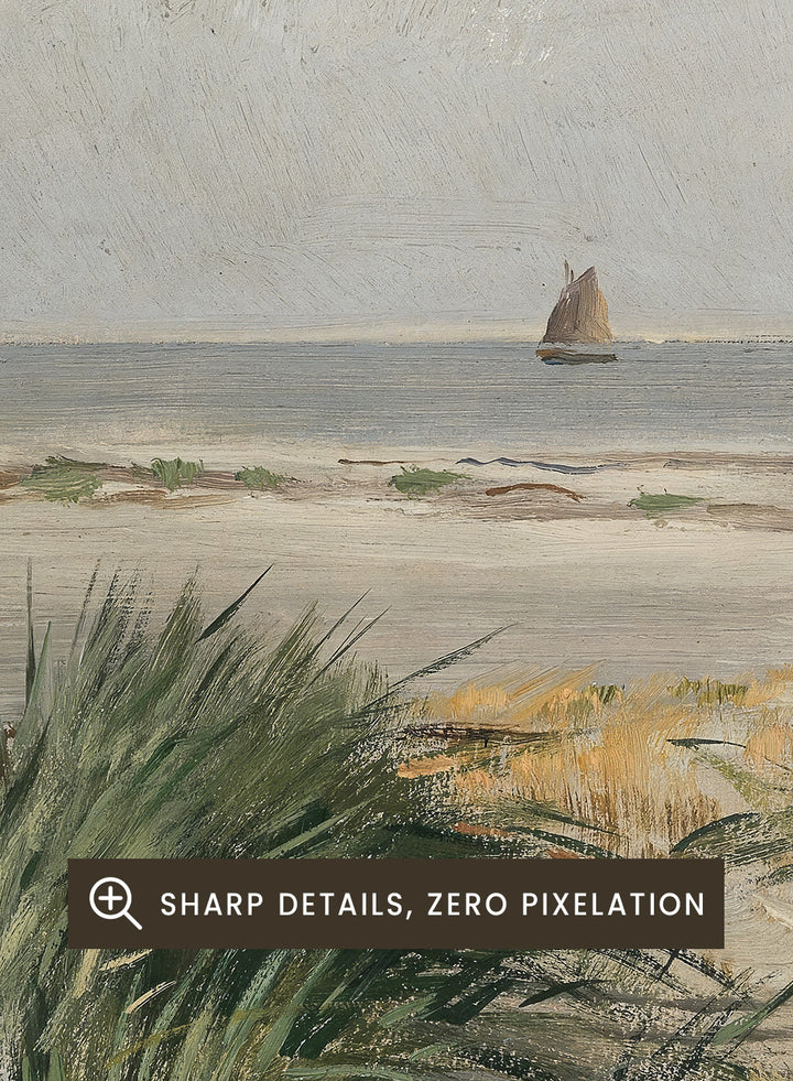 Featuring the original Eugen Dücker's Artwork "On the Beach", this pastel beige and green European vintage coastal tropical ocean beach landscape oil painting wall art print showcases a classic rustic moody antique style that is perfect for any boho or modern farmhouse inspired space with muted or neutral colors. 