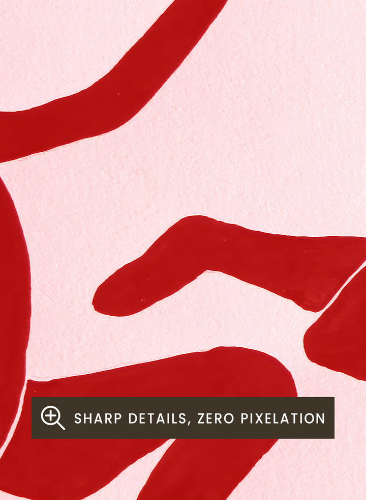 Red abstract figures on a pink background. Fluid Dance Forms by Santhosh CH is an abstract illustration art print featuring expressive human figures, bold red color, modern movement design, and contemporary wall art style.