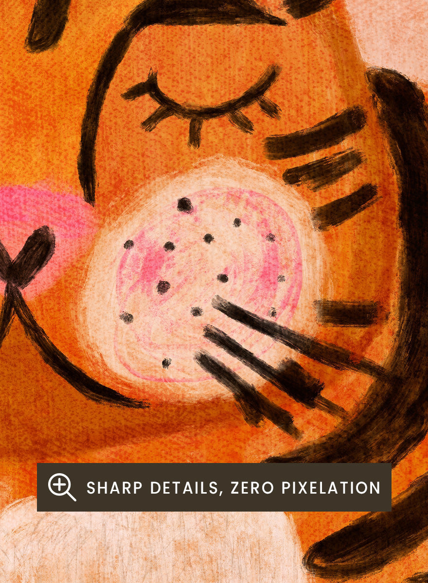 A framed art print featuring a stylized orange and black striped tiger lying among red flowers on a peach background. Playful tiger animal art print by Dirkie Nell with bold orange stripes, red poppies, and a warm peach background. Shop this cheerful piece today.