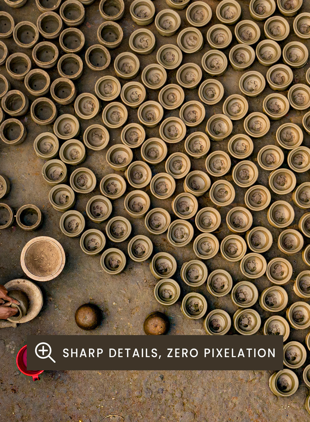 Pot Making by Azim Khan Ronnie aerial photography print showing clay pots drying in Bangladesh village, traditional craft wall art poster