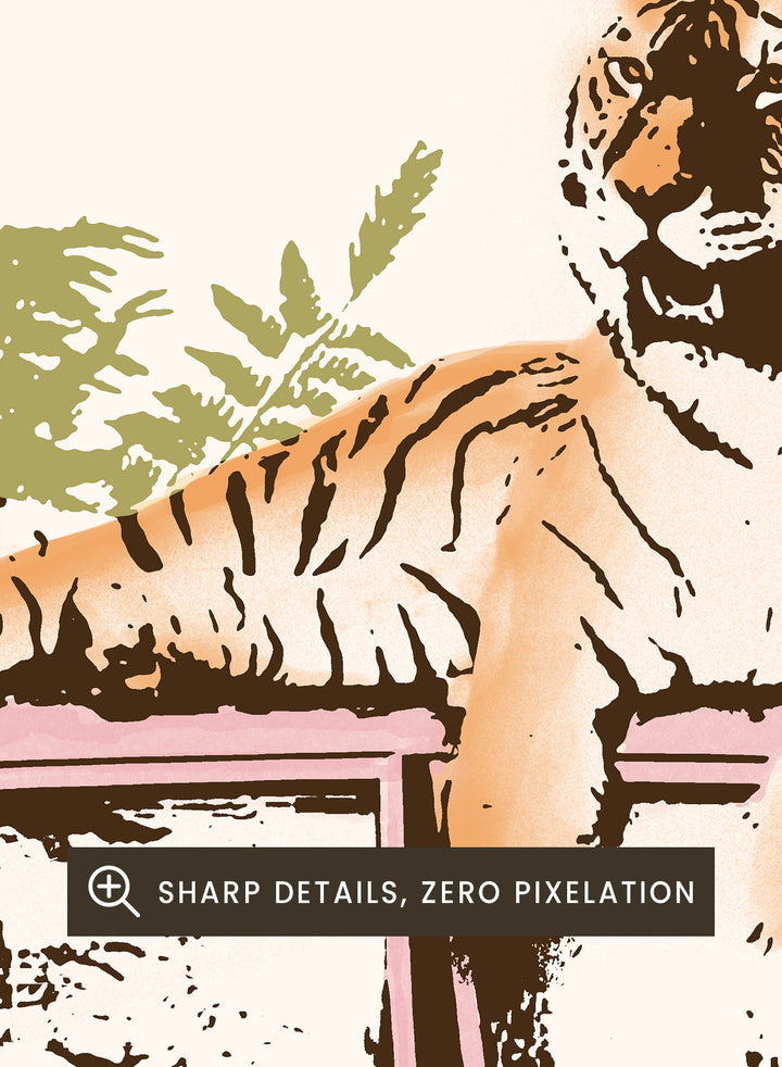 Framed artwork of a tiger in a pink car with greenery on a white background. Tiger On Pink Car by Florent Bodart is a surreal animal art print with a tiger on a vintage car, a modern wall poster with playful, bold, and imaginative design.
